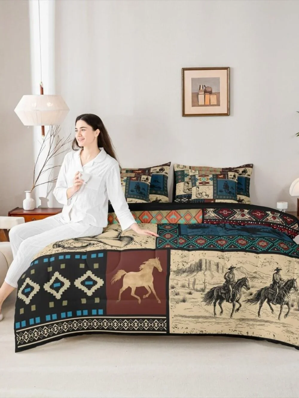 7 Pieces Western Cowboy Bedding Set King Size | Cowgirl Patchwork Southwestern C